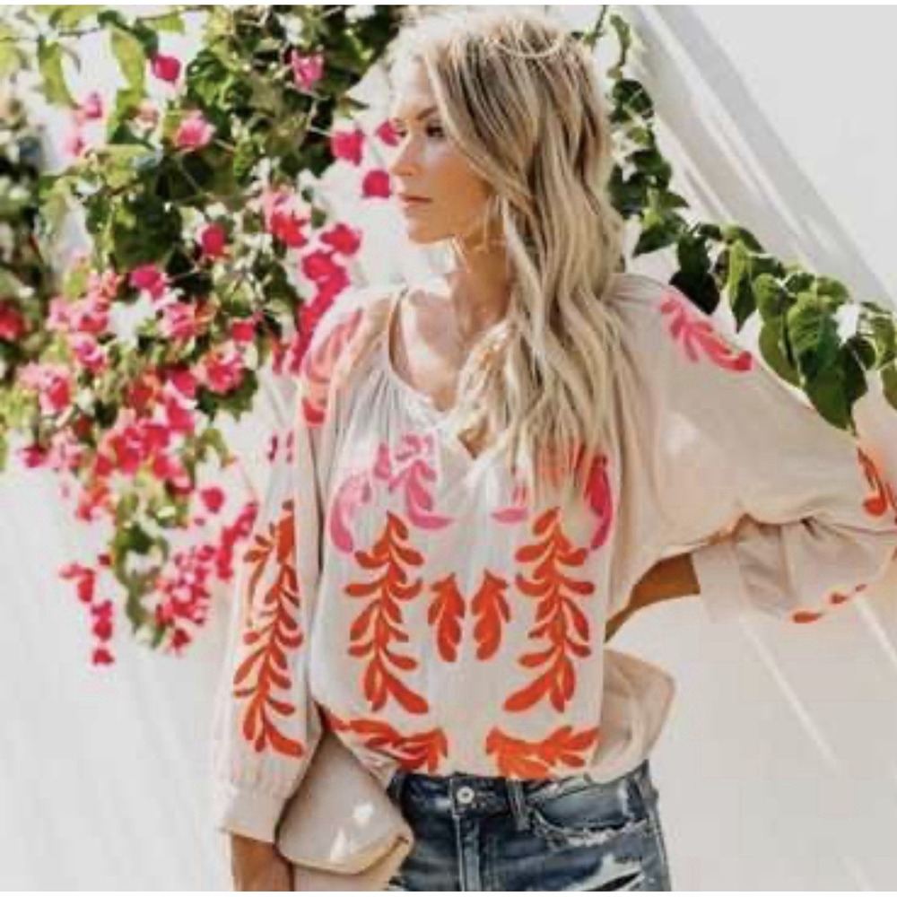 Vici Cream Peasant Blouse with Pink and Orange Embroidery